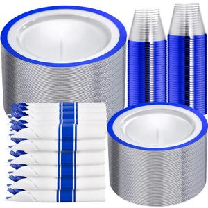 I00000 350 Pcs Dark Blue Plastic Plates,Clear Disposable Plates for 50 Guests,Blue Dinnerware Include 50 Dinner Plate 50 Dessert Plate,50 Cups,50 Pre Rolled Napkins with Cutlery Set for Party,Wedding