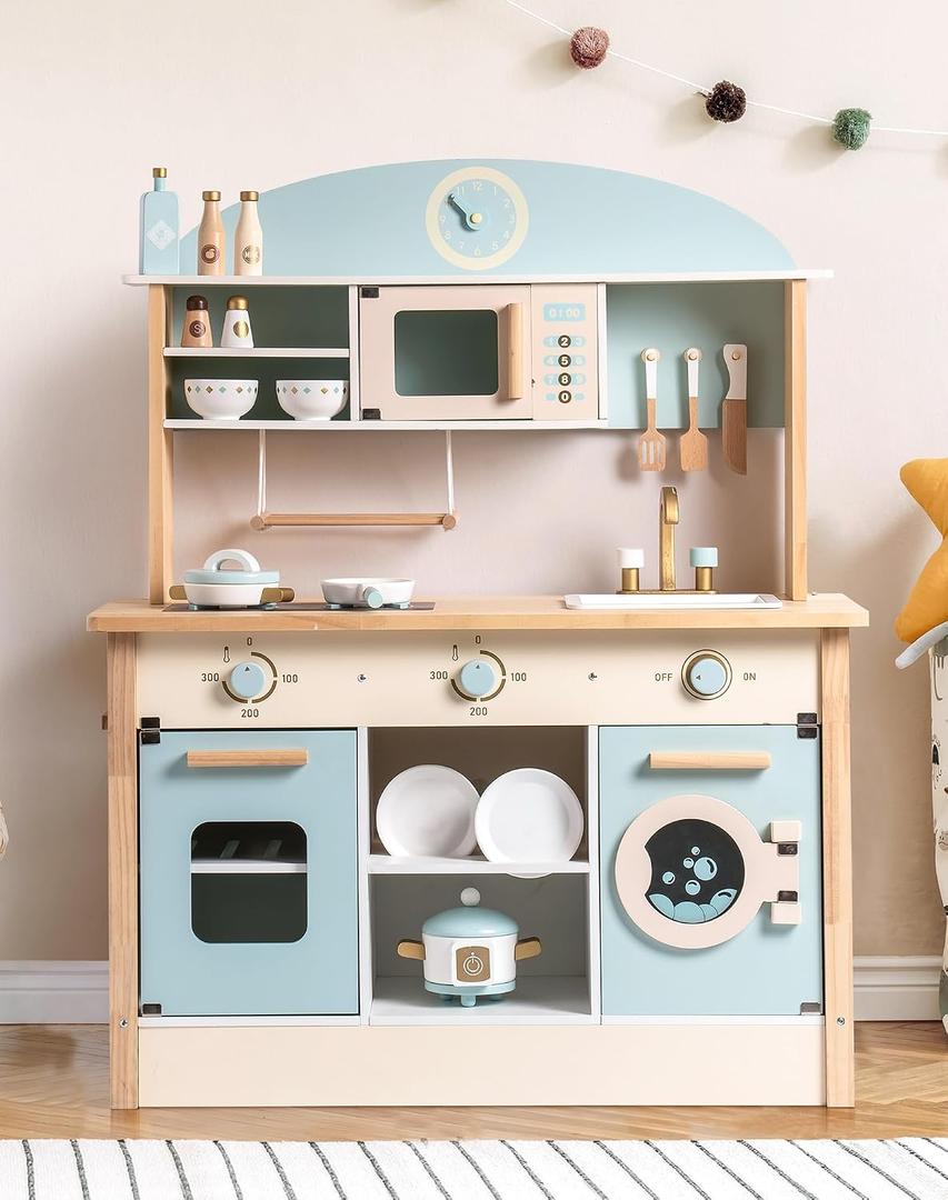 ROBOTIME Wooden Kitchen for Kids Play Kitchen, Toy Kitchen Set for Kids Kitchen Playset with Plenty of Play Features, Realistic Toddler Kitchen Set, Gift for Girls Boys Ages 3+, 31.3x 14x 38.6inch