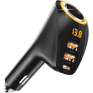 4 IN1 215W Cigarette Lighter Adapter, Car Charger,Type C Dual USB Cigarette Lighter Splitter with LED Voltage Display, Car USB Charger Multi Port for iPhone 17/16/15 Pro Max, Android, Samsung Galaxy.