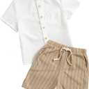 Verdusa Toddler Boy's 2 Piece Outfits Linen Set Striped Short Sets Button Up Shirt and Shorts Clothes Sets Size 5Y
