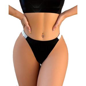 Justgoo Women's Sexy Shine Strap Thong Cheeky Underwear Sexy Lace Panties Low Rise Underpants Pack of 5 (Black)