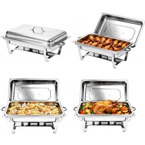 9QT Chafing Dishes for Buffet, 4 Pack Stainless Steel Buffet Servers and Warmers, Rectangular Chafing Dish Buffet Set, Food Warmers for Parties Gatherings Banquet, Buffet, Party, Wedding, Silver