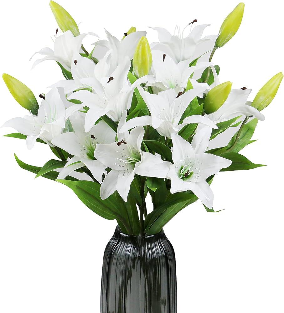 Thiccywoov 2 Pcs 24 Heads Artificial Tiger Lily Flowers with 18 Heads Full Bloom Lily & 6 Buds, 20.5 Inch Long Stem Faux Fake Flowers Bouquets for Wedding Party Decor(White)