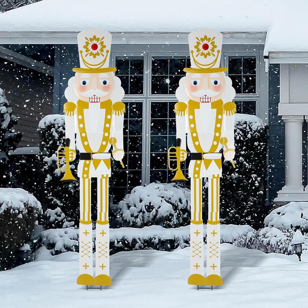 2pcs 6ft Large Modern Metal Christmas Nutcracker Outdoor Decoration White Gold Xmas Nutcracker Yard Signs Christmas Tall Metal Soldier Stakes Ornament for Holiday Garden Lawn Porch Pathway