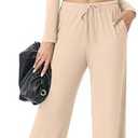 FREEOAK Women's Two Piece Outfits Lounge Sets Long Sleeve Ruched Top & Wide Leg High Waist Pants with pockets Size XL