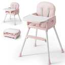 3-in-1 Portable Baby High Chair for Babies and Toddlers, Convertible Easy Clean Infant Foldable Highchair with Adjustable Legs & Dishwasher Safe Tray, Pink