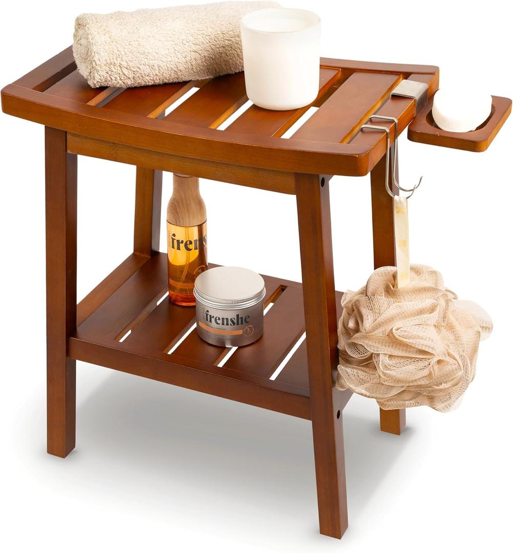 Bamboo Shower Bench for Inside Shower  Waterproof Bathroom Spa Seat with Shelf, Hooks & Soap Tray  Wood Shower Stool for Shaving, Sauna, or Small Bathroom  Walnut