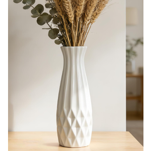 White Ceramic Flower Vase, 12 Inch, Flared Geometric Design
Glossy Glazed Finish, Dining Table, Console Table, Bookshelf, Mantel