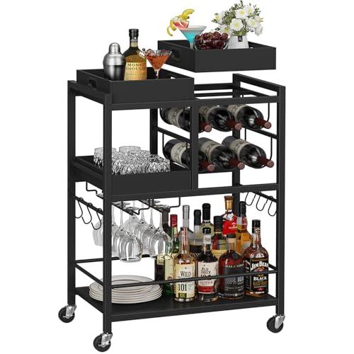 TUTOTAK Bar Cart, Home Bar Serving Cart, 3-Tier Kitchen Cart on Wheels, Rolling Beverage Cart with Wine Rack and Glass Holder, Black BC01BK037