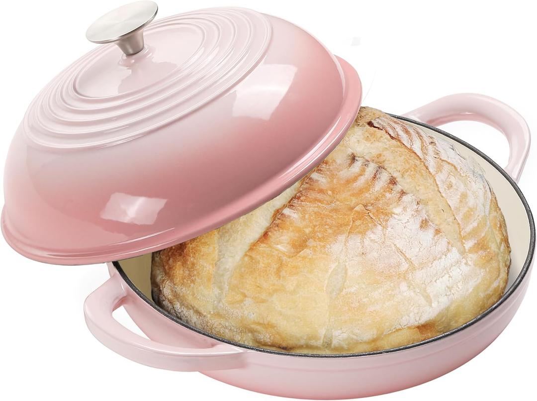Enameled Round Cast Iron Bread Oven, 6 Qt Cast Iron Dutch Oven for Homemade Sourdough Bread Baking, Bread Dome Pot with Cloche Lid (Gradient Pink)
