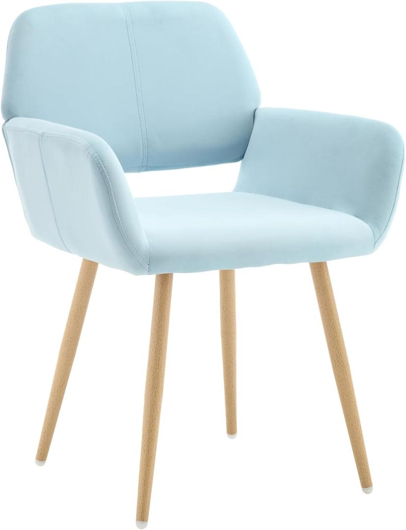 KCC Small Modern Dining Room Arm Chairs 1 Piece, Mid-Century Upholstered Velvet Side Seat Club Guest with Metal Tube Legs for Kitchen, Living Room, Blue (1 PC)