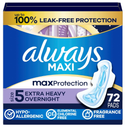 Always Maxi Overnight Pads with Wings, Size 5, Extra Heavy Overnight, Unscented, 72 Count