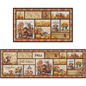 Fall Highland Cow Kitchen Rugs Set, 2 Pcs Pumpkin Farmhouse Runner Rugs for Kitchen Home Decor, Autumn Seasonal Floor Mats Housewarming Gifts (16"28" & 16"47")