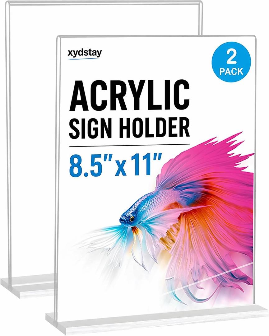 xydstay 8.5 x 11 Acrylic Sign Holder 2 Pack, Vertical T Shape Clear Plastic Menu Holder, Table Display Stand for Restaurant, Office, School, Store and Home Use