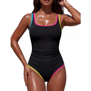 BMJL Women's Tummy Control One Piece Swimsuit Color Block Bathing Suit Criss Cross Back Athletic Modest Swimwear (X-Large, Black101)