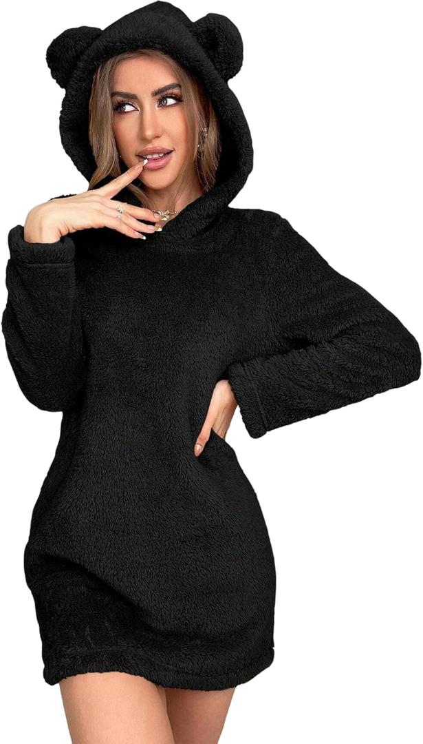 ZAFUL Women's Fleece Hooded Nightgown Long Sleeve Flannel Night Dress Fuzzy Sleepwear Pajama with Pockets (Large, 0-black)