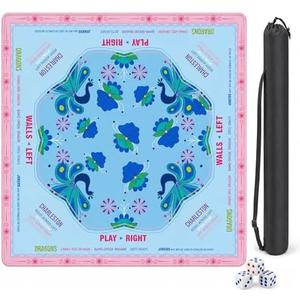 Hedaxynzr Blue Mahjong Mat 31.5" x 31.5" with American Mahjong Rules, Ships Rolled, Wrinkle-Free, Non-Slip Rubber Backing, Noise Reducing Game Table Mat with Carry Bag & Dice, Elegant Peacock Floral (2-Pack)
