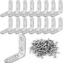 16 Pcs L Bracket Stainless Steel Corner Brace Sets, 90 Degree Right Angle Brackets with 64 Pcs Screws, L Bracket Firmware for Wooden Shelves, Chairs, Tables, Dressers, Furniture (Silver)