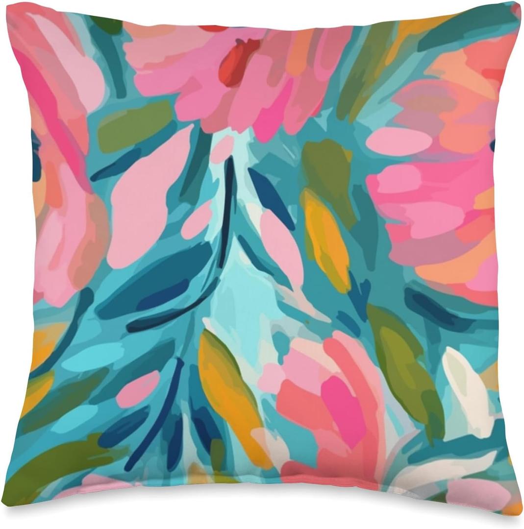 Vibrant Abstract Florals in Pink and Blue Throw Pillow