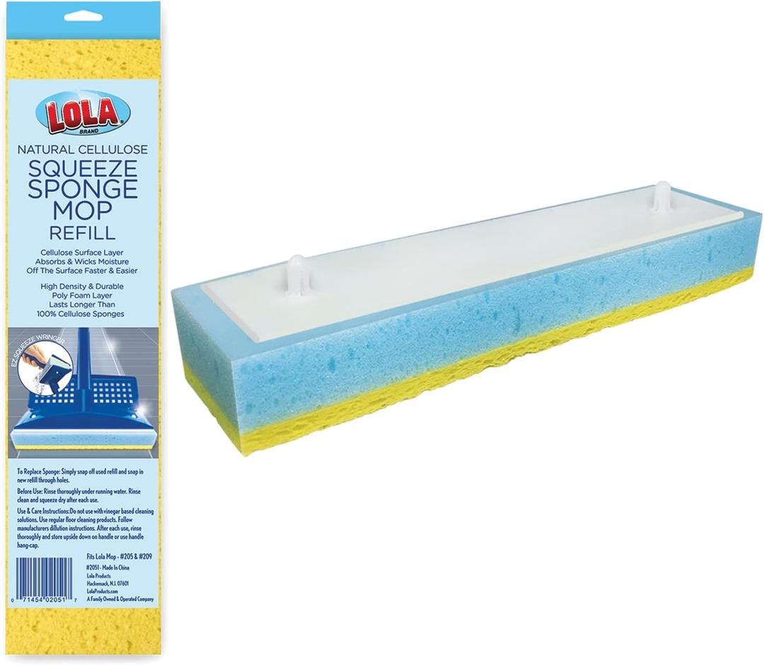 Lola Products Squeeze Sponge Mop Refill - w/Foam & a Natural Cellulose Layer, Absorbs and Wicks Moisture, only Fits Lola Brand Sponge Mop, 9 Head