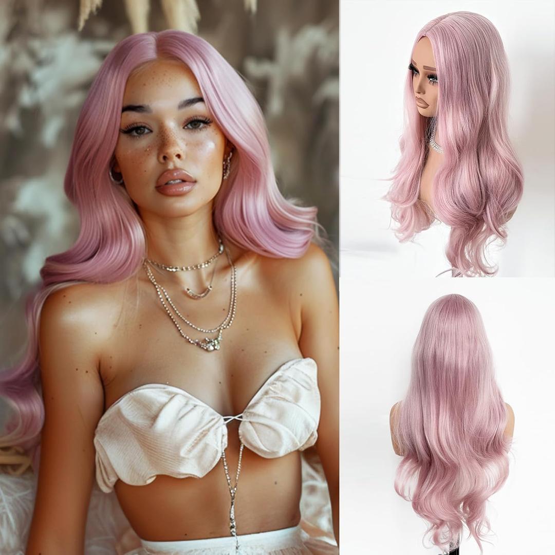 Pink Wigs for Women Long Wavy Wigs with White Highlight 28 inch Middle Part Curly Wig Natural Looking Synthetic Wigs Thick Soft Long Pink Wig Hair Replacement Wigs for Daily Party Costume Use
