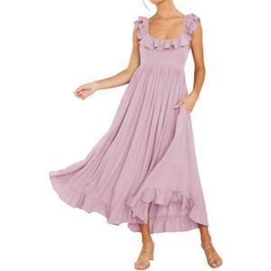 R.Vivimos Summer Dress for Women Sleeveless Boho Ruffle Square Neck Tie Back Casual Backless Flowy Midi Dress (Lightpink)