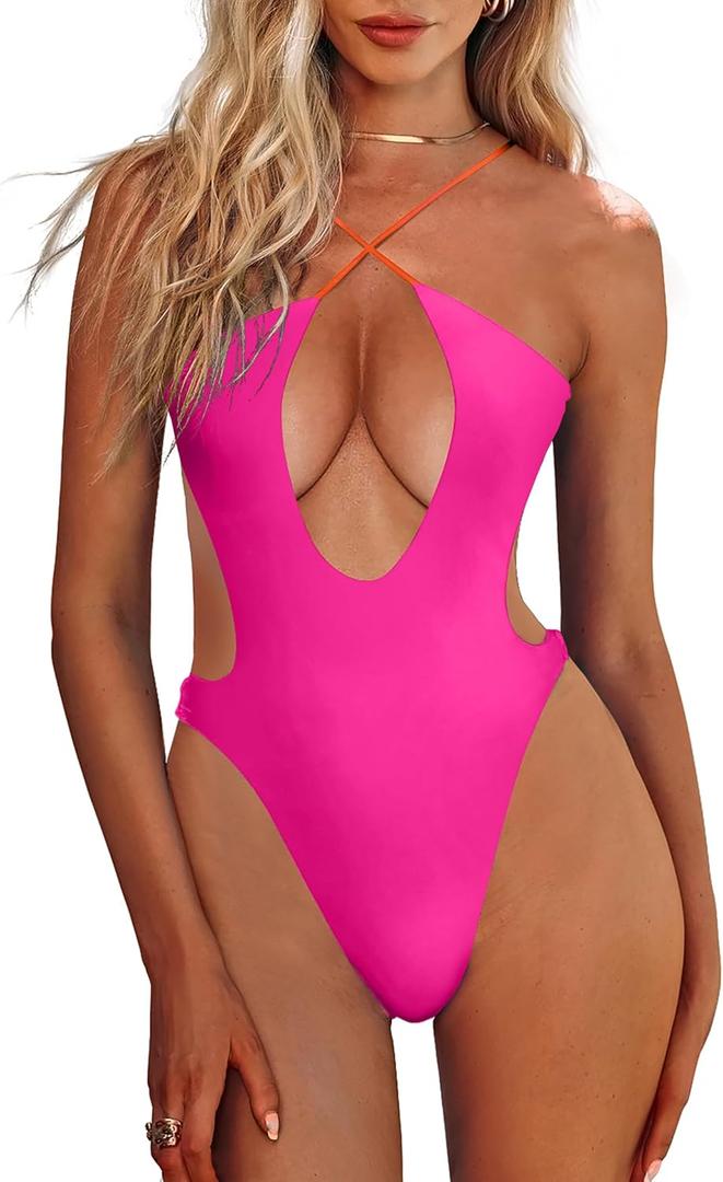 HYPERFIRE Women's Sexy Criss Cross Halter Bathing Suit Cut Out Backless Monokini Swimsuits One Piece XS