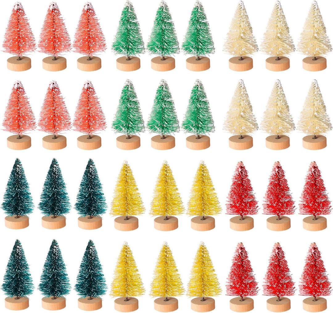 Artificial Mini Christmas Trees Bottle Brush Trees Snow Frosted Trees with Wood Base Plastic Tabletop Trees Ornaments for Christmas DIY Crafting Home Decor, 1.8 Inch, 6 Colors (48 Pcs)
