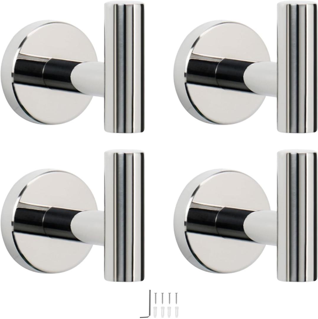 NearMoon Bath Towel Hooks- SUS 304 Stainless Steel Robe Hook Holder, Heavy Duty Coat Hook for Bathroom Livingroom Hotel Kitchen Garage, Wall Mounted (Chrome Finish, 4 Pack)