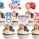 JOYMEMO 36Pcs Strawberry and Blueberry Gender Reveal Cupcake Toppers, What Will Our Berry Sweet Baby Be Cupcake Picks Boy or Girl Gender Reveal Decor, Fruit Baby Shower Berry He or She Decorations