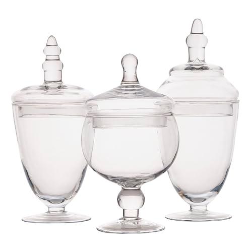 Elements Clear Glass Apothecary Jars with Lids, Set of 3 - Decorative Storage Jars for Home, Kitchen, Bathroom - 10, 9.5, 8.5 Inch Handcrafted Display Jar Set