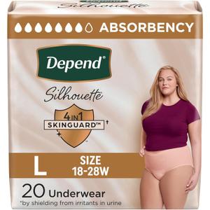 Depend Silhouette Adult Incontinence & Postpartum Bladder Leak Underwear for Women, Maximum Absorbency, Large, Pink, 20 Count, Packaging May Vary
