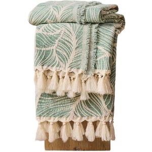 DOWN HOME Chenille Cotton Throw Blanket for Couch, Lightweight Boho Blanket for Bed Sofa Chair Living Room Outdoor Soft Woven Decorative Blanket with Tassel Gift Green Leaves 50"x70"