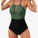 B2prity Women's Slimming One Piece Swimsuits Tummy Control Bathing Suit Halter Swimwear for Big Busted Curvy Woman, L, Green & Black