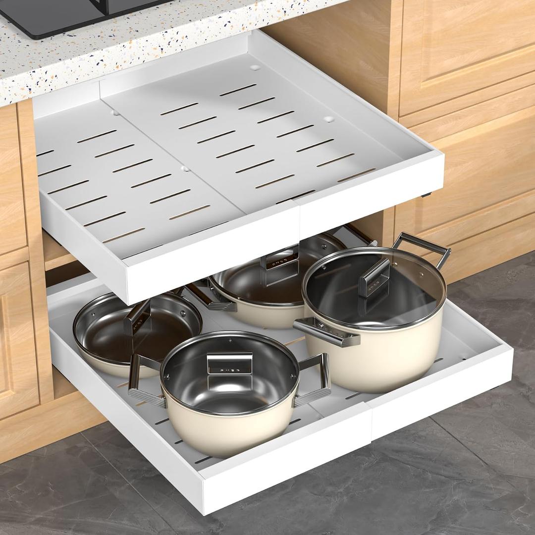 Expandable Pull Out Cabinet Organizer, 21"Deep Slide Out Drawer with Nano Adhesive, Upgrade 3 Slide Rails Roll Out Shelf for Kitchen, Pantry or Bathroom, Adjustable Width 12.4"-20.2"