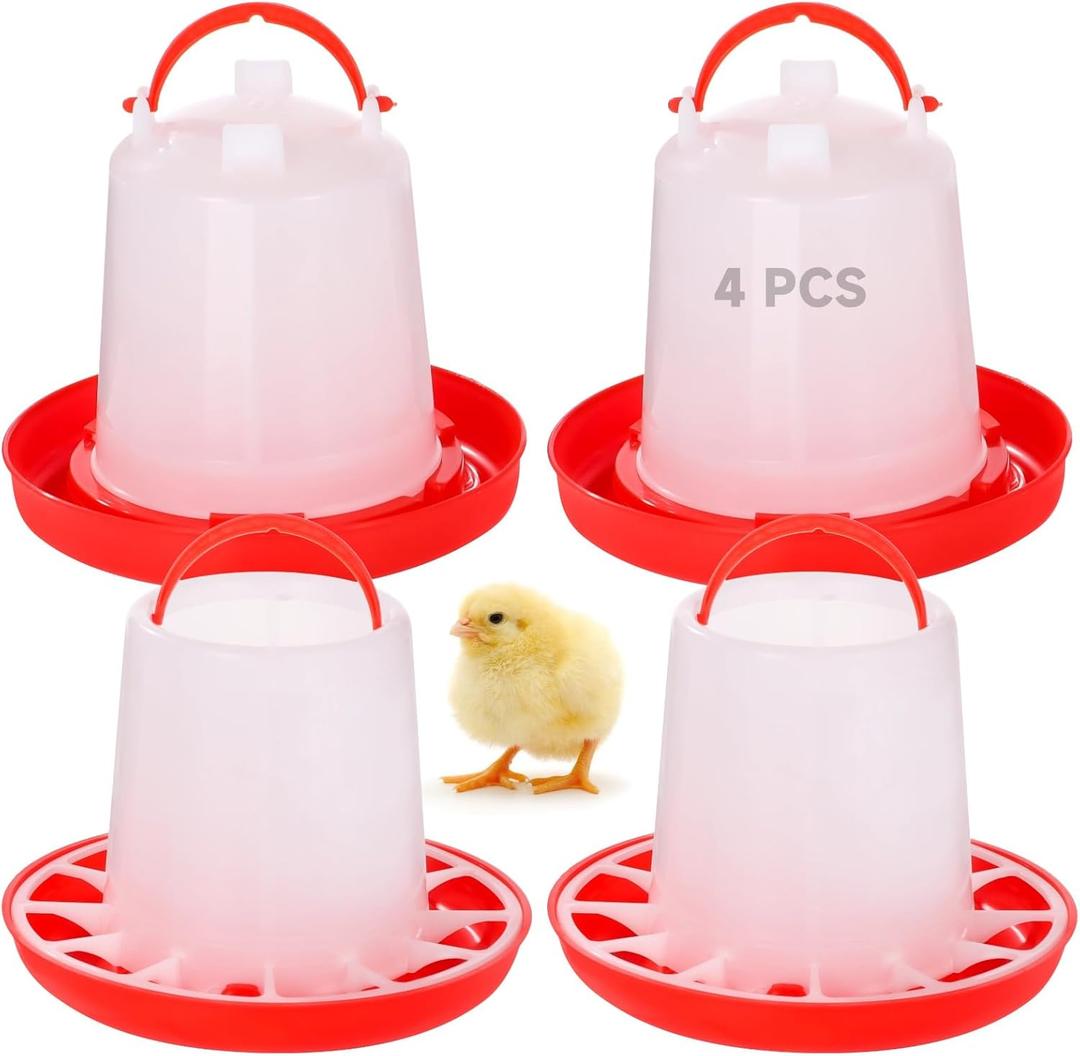 Chick Feeders and Waterers Set, 2 Pcs 1.5 L Poultry Drinkers & 2 Pcs 3.3 lbs Feeders, Hanging Plastic Poultry Containers for Chickens, Turkeys, Ducks and More