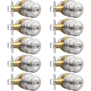 AEEKEL 10 Pack Privacy Door Knob, Brushed Nickel Door Knobs Interior Keyless Door Locks for Bedrooms, Bathroom Door Knob for Left/Right Handle Doors