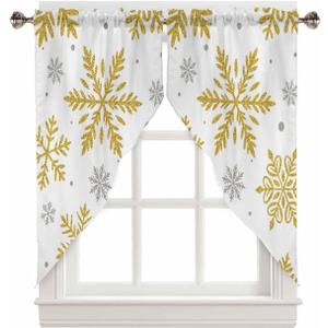 Swag Curtain,Christmas Gold Foil Snowflake White Kitchen Valances Rod Pocket Curtains Tier Pair Swag Topper,Winter Grey Snow 2 Panels Window Treatment for Bathroom Living Room Bedroom