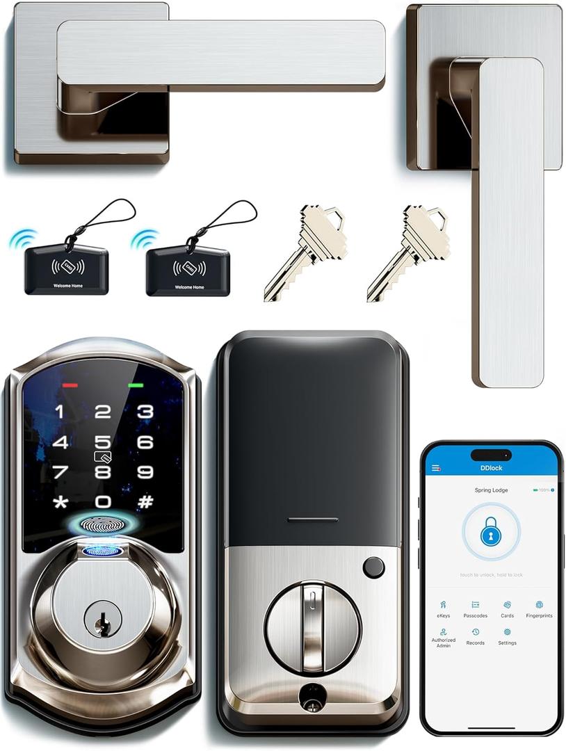 Veise VE07-L Fingerprint Smart Locks for Front Door with Zinc Alloy Handle Set, App Control, Keyless Entry, Electronic Digital Keypad Deadbolt, Auto Lock, Waterproof, Easy to Install, Satin Nickel