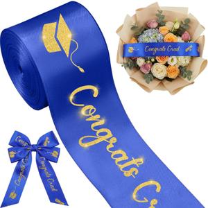 Zeyune 10 Yards Glitter Graduation Ribbon 2 Inch Class of 2026 Blue Gold Ribbon Craft Congrats Grad for Flower Bouquet Gift Wrapping Hair Bow Wreath Graduation Party Decoration