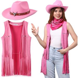 Western Outfits for Women Cowgirl Tassel Sleeveless Vest Cowboy Hat and Paisley Bandana (Large, Pink)