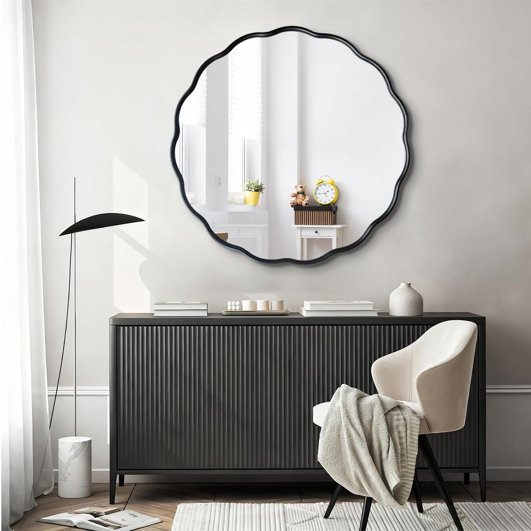 ietat Black Round Wavy Mirror 30 Inch ，Circle Bathroom Vanity Mirror with Mental Frame Modern Decorative Wall Mirror for Living Room Hallway