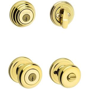 Kwikset Juno Keyed Front Door Knob and Deadbolt Set, Entry Knob Combo Project Pack Exterior with Interior Door Knob, Polished Brass, Pick Resistant SmartKey Rekey Deadbolt Security
