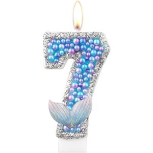 Purple 0 Birthday Number Candles,Glitter Blue Purple Pearls Mermaid Tail Number Birthday Candles for Girls Women Mermaid Themed Party Decorations Party Favors Cake Topper