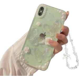 Fycyko Compatible with iPhone X/XS 3D Butterfly Floral Clear with Design Aesthetic Women Teen Girls Glitter Pretty Crystal Sparkle Sparkly Cute Girly Phone Cases Protective Cover+Chain-Clear