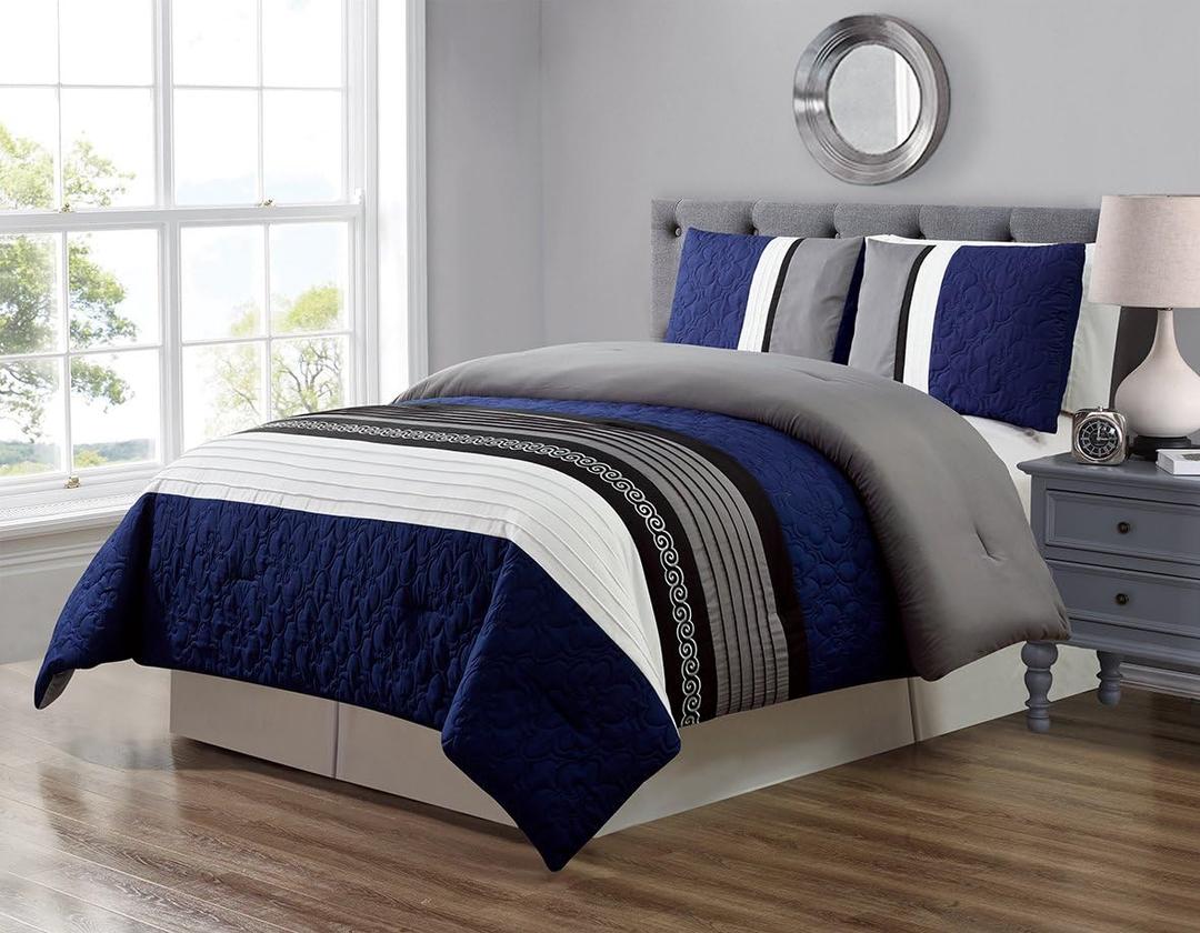 GrandLinen 3 Piece Navy Blue/Grey/Black/White Scroll Embroidery Bed in A Bag Down Alternative Comforter Set (Double) Full Size Bedding. Perfect for Any Bed Room or Guest Room