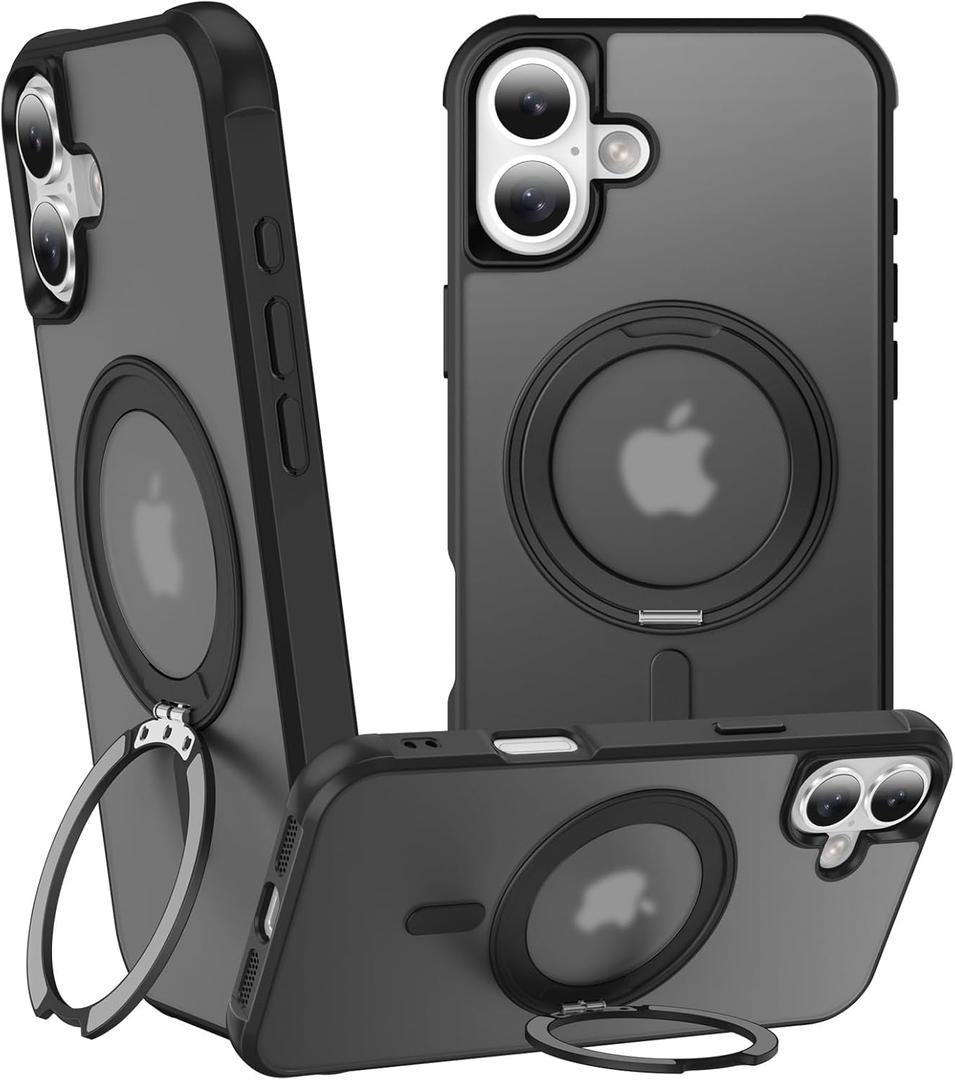 360 Magnetic Swivel Ring for iPhone 16 Plus case, Built-in Metal Stand and Ring Holder, Magsafe Compatible, Military Grade Protection, Shock Resistant - Black