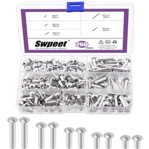 Swpeet 260Pcs M5  6mm 10mm 14mm 20mm 25mm Solid Aluminum Brazier Head Rivets, Aluminum Rivet, Plain Finish, Universal Head, High Corrosion Resistance for Repairing Boats, Aircraft, Making Armor