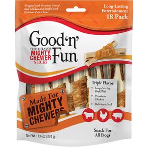 GOOD 'N' FUN Triple Flavor Mighty Chewer Sticks for All Dogs, Treat Your Dog to Long-Lasting Chews Made with Beef Hide, Duck and Prime Rib Flavor, 18 Count (EXP 07/14/26)