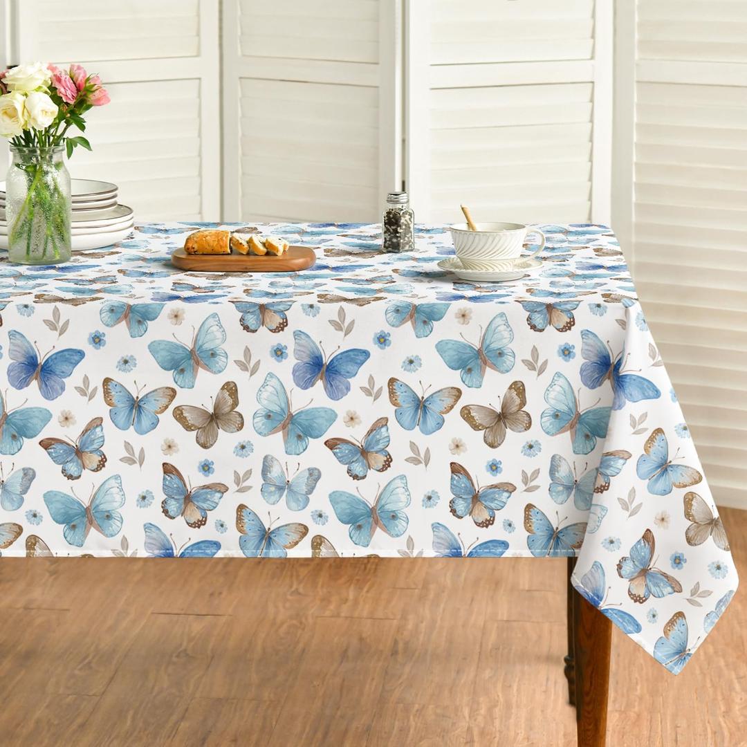 Horaldaily Spring Tablecloth 6084 Inch Rectangular, Watercolor Blue Purple Gray Butterflies Flowers Washable Seasonal Table Cover for Party Picnic Dinner Decor